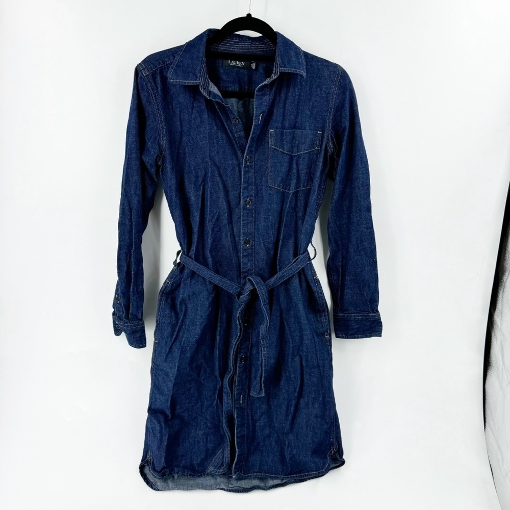 ✅ LAUREN RALPH LAUREN Blue Belted Pocketed Button Front Long Sleeve SMALL PETITE